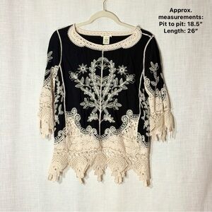 Ultra Pink Black Ivory Embroidered Boho Lace Crochet Trim Blouse